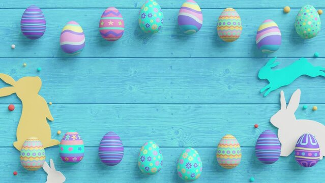 Easter eggs and rabbit silhouettes on a turquoise wooden background with scattered beads.