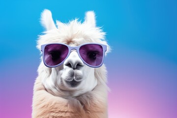 A llama wearing sunglasses stands against a blue background, showcasing its fashionable accessories.