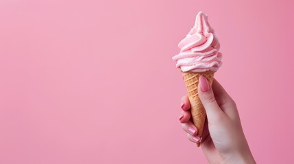 A woman's hand holding an ice cream cone against a pastel color background