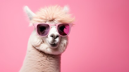 Naklejka premium A llama with sunglasses stands against a vibrant pink backdrop.