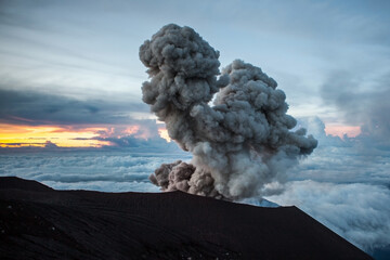 Semeru volcano eruption. Beautiful view of Semeru explosion at dawn. View from the volcano summit...