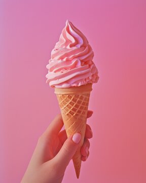 vertical picture A woman's hand holds an ice cream cone against a pastel background.