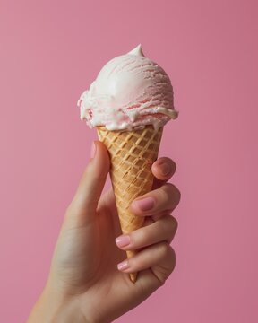 vertical picture A woman's hand holds an ice cream cone against a pastel background.