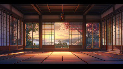 Fototapeta na wymiar beautiful anime japan background, japan room, background, japan vibes, cozy, relax, generative ai 