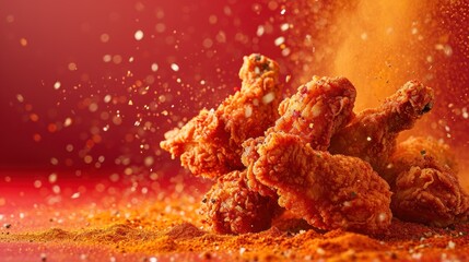 Crispy fried chicken surrounded by spices floating in the air against a red background. Illustration concept