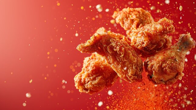 Crispy fried chicken surrounded by spices floating in the air against a red background. Illustration concept