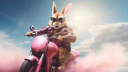 Rabbit wearing leather jacket and sunglasses sitting on a pink motorcycle. Cool Happy Easter Rabbit.