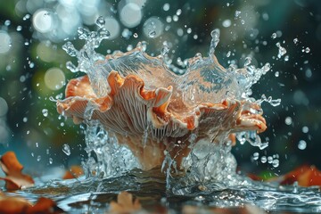 Maitake mushroom In Water Surreal And Forming A Splash Falling Into The Water Realistic Scene