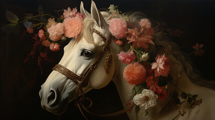 A horse with a bridle adorned with flowers
