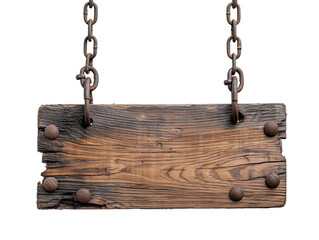 Old wooden sign with chains on it, isolated on transparent background, PNG