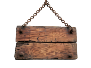 Old wooden sign with chains on it, isolated on transparent background, PNG