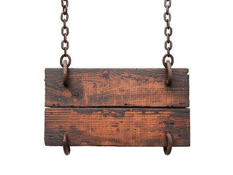 Old wooden sign with chains on it, isolated on transparent background, PNG
