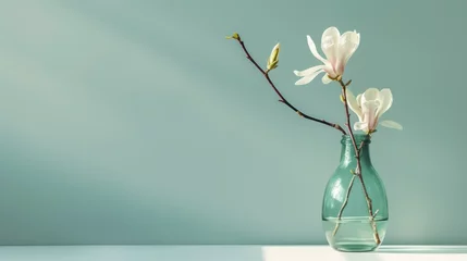 Foto op Aluminium Minimalistic background with a glass vase with the magnolia flower next to light clear pastel wall  - AI Generated Digital Art © Paul