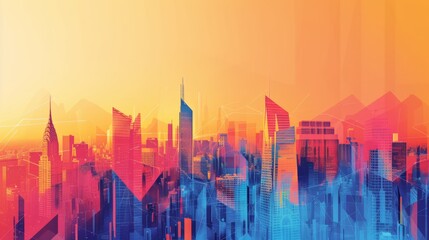 Bold lines and geometric shapes depict a modern city skyline against a gradient backdrop - obrazy, fototapety, plakaty
