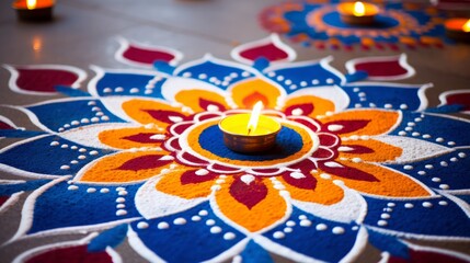 Closeup of a rangoli design during diwali