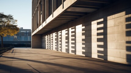 A brutalist building casting dramatic shadows in the afternoon sun