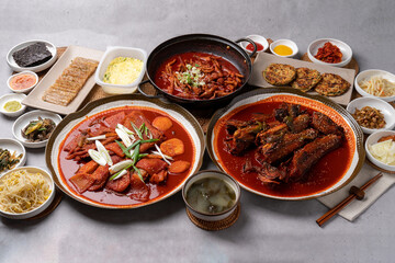 Korean food, pollack, braised pollack, stingray, soup, chicken feet, meat pancakes, pork skin, grilled, side dishes, anchovies, steamed eggs, bean sprouts, potatoes,
