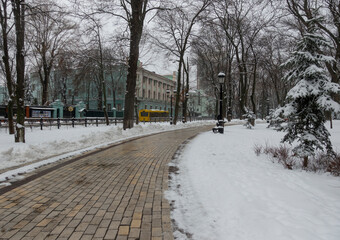 Street view of Grushevsky and Mariinsky Park in winter