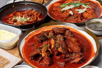 Korean food, pollack, braised pollack, stingray, soup, chicken feet, meat pancakes, pork skin, grilled, side dishes, anchovies, steamed eggs, bean sprouts, potatoes,