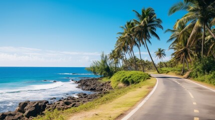 A coastal road with palm trees and blue skies