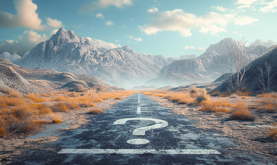 A conceptual 3D illustration of a road transforming into a question mark, symbolizing uncertainty, decision making, and the journey of seeking answers