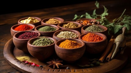 A collection of ayurvedic herbs and spices in wooden bowls