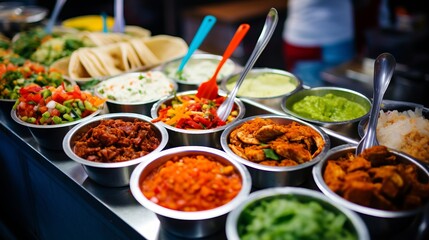A colorful assortment of mexican street food displayed at a food cart
