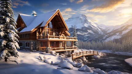 A cozy mountain cabin with snow covered trees for a winter backdrop