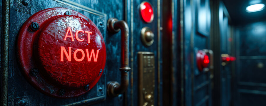 A 3D rendered red button with the words ACT NOW symbolizes urgency, immediate action, response, and the importance of taking swift decisive steps