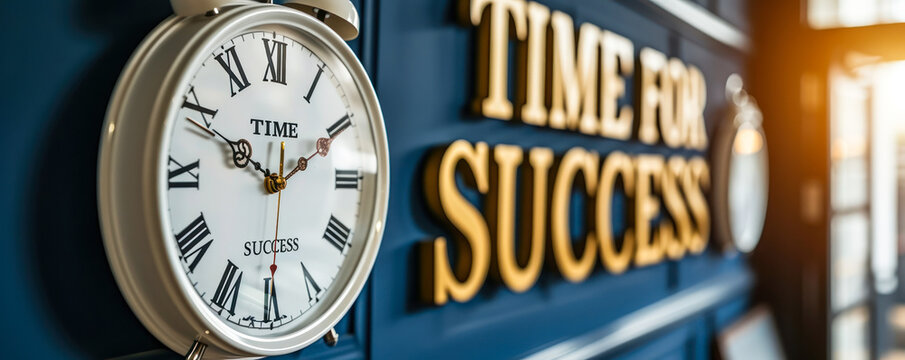 Conceptual white clock with the phrase TIME FOR SUCCESS indicating the crucial moments for seizing opportunities and achieving goals