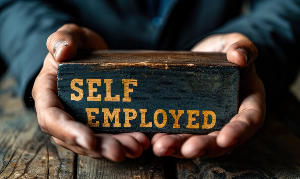 Close up of a man in a suit presenting a wooden block with the words SELF EMPLOYED engraved on it, concept of entrepreneurship