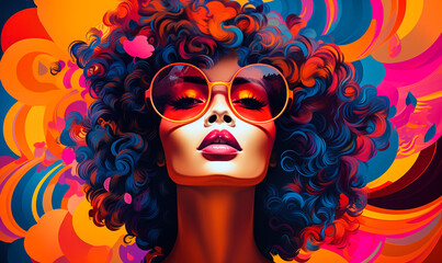 Obraz premium Vibrant Pop Art Illustration of a Woman with Afro Hair Embracing the Bold Colors and Energetic Patterns of Retro and Modern Fusion