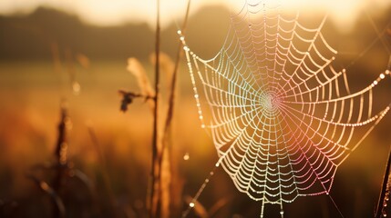 A dewy spiderweb illuminated by morning sun - obrazy, fototapety, plakaty