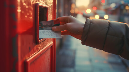 the timeless act of dropping a postcard into an iconic red postbox