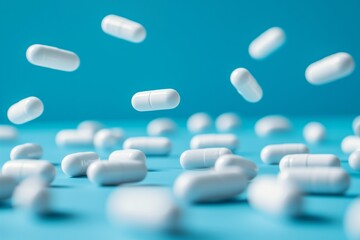 Many white capsules fall on a vibrant blue background