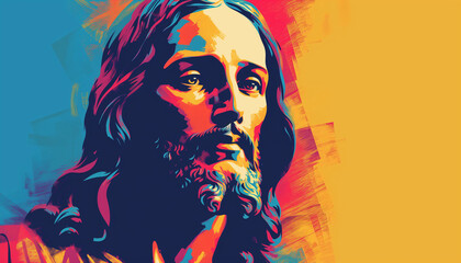 Jesus pop art portrait, Easter banner, copy space