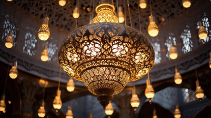 A mosque's chandelier with intricate arabic inscriptions - obrazy, fototapety, plakaty