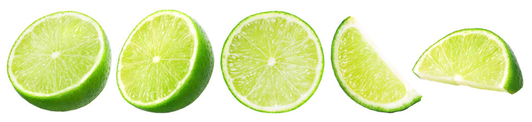 Fresh lime slice and half isolated, transparent PNG, collection, PNG format, cut out