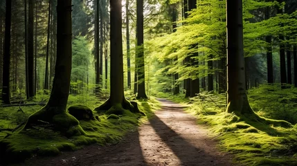 Foto op Plexiglas A quiet forest path with dappled sunlight © Cloudyew