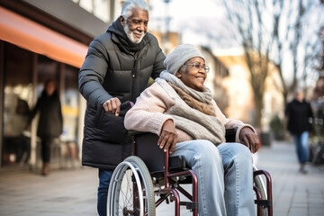 Intergenerational Pair, Older Man in Wheelchair With Younger Woman