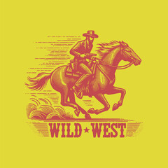vintage retro art cowboy riding horse in wild west vector illustration