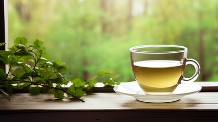 A soothing cup of herbal tea on a rainy day