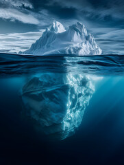 A Large Iceberg Dominates The Ocean As It Floats Serenely Under A Cloudy Sky, Creating A Captivating Scene Of Natural Beauty. Melting Glacier Covered With Snow. Global Warming Concept. Travel Expediti