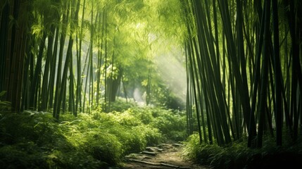 A tranquil bamboo forest with dappled sunlight