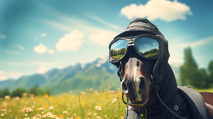A horse with a fly mask in a sunny pasture
