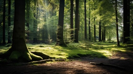 A tranquil forest with dappled sunlight for a calming atmosphere