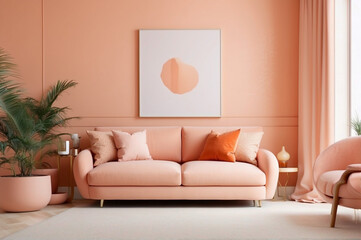 modern living room with color of the year 2024 peach fuzz as wall paint