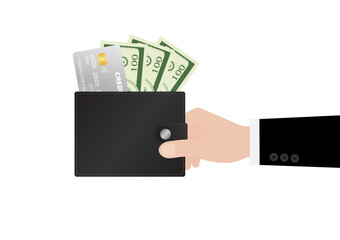 Hand Holding Money Wallet with Credit Card and Dollar Banknote. Saving Money Concept. Vector Illustration. 