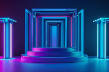 abstract neon banner with pedestal 3d podium with blue neon square 