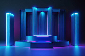 abstract neon banner with pedestal 3d podium with blue neon square 